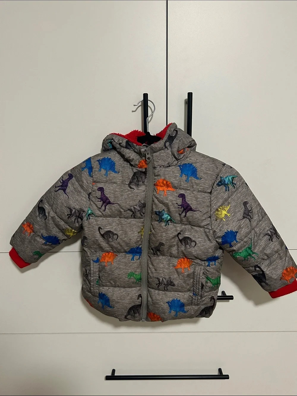 Swiss Tech Grey Puffer Jacket with Colorful Dinosaur Print